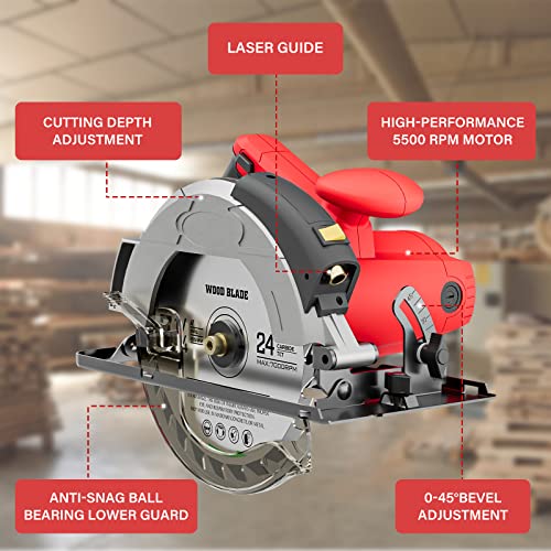 Circular Saw, 1500W Power Circular Saws with Laser Guide, 5500RPM Compact Circular Saw with 3 Saw Blades (24T+ 48T)7-1/4'', 0-45° Bevel Adjustment, Vistreck