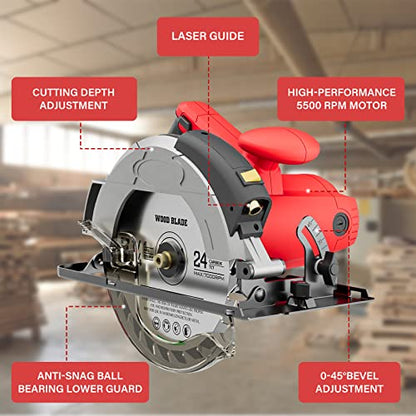 Circular Saw, 1500W Power Circular Saws with Laser Guide, 5500RPM Compact Circular Saw with 3 Saw Blades (24T+ 48T)7-1/4'', 0-45° Bevel Adjustment,