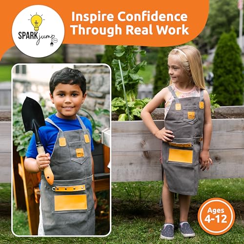 SparkJump Kids Woodworking Apron - Craftsman Quality - Durable Canvas with Leather Pockets for Tools, Painting, Growing, and Building- Fully Adjus