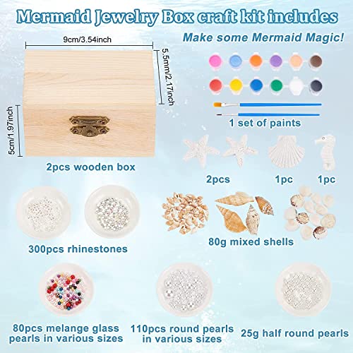 WEBEEDY 2 Sets Mermaid Jewelry Box Unfinished Wood Treasure Chest Mine Jewelry Box DIY Craft Kits with Hinged Lid and Front Clasp Nautical Trinket WEBEEDY