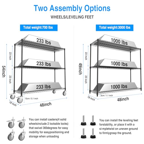 3 Tier NSF Wire Shelf Shelving Unit, 18 x 48 x 54 Inch 3000lbs Capacity Heavy Duty Adjustable Storage Rack with 5in Wheels/Leveling Feet and Shelf - WoodArtSupply