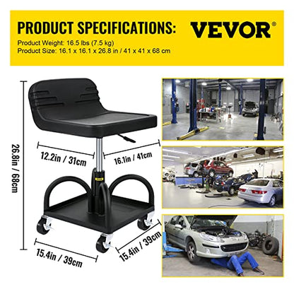 VEVOR Rolling Garage Stool, 300LBS Capacity, Adjustable Height from 15.7 in to 20.5 in, Mechanic Seat with 360-degree Swivel Wheels and Tool Tray,