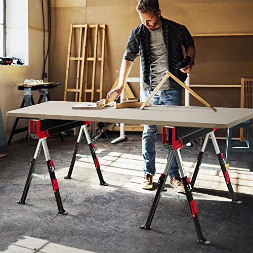 Goplus Saw Horses 2 Pack Folding, Heavy Duty Steel Sawhorse w/24”-32.5” Adjustable Height, 2x4 Supporting Arms, 2600LBS Capacity, Support Pegs, Goplus