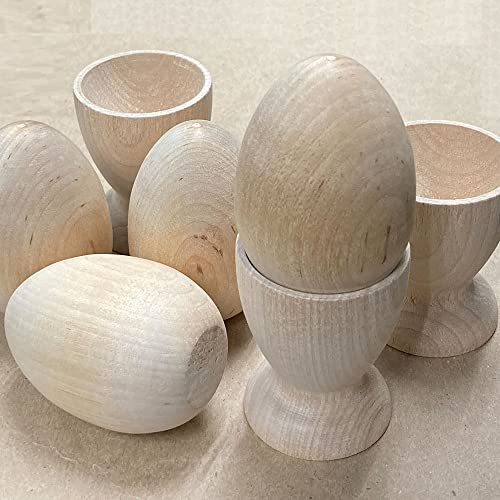 Set of 5 Unfinished Wood Egg Cup Holders and 5 Wooden Eggs by Factory Direct Craft - Natural Wood Egg Stands and Eggs for DIY Easter Decorations - WoodArtSupply