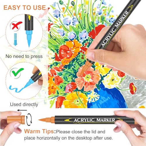 EscriWise 48 Colors Dual Tip Acrylic Paint Pens Set-Permanent Acrylic Paint Markers with Brush and Fine Tip, Water Based Art Paint Pens for Rock EscriWise