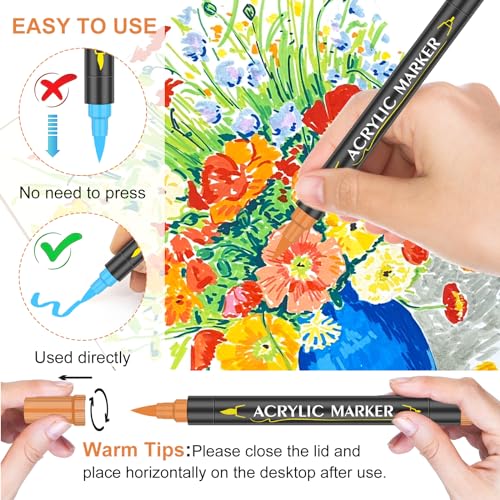 EscriWise 48 Colors Dual Tip Acrylic Paint Pens Set-Permanent Acrylic Paint Markers with Brush and Fine Tip, Water Based Art Paint Pens for Rock