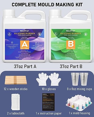Nicpro 74oz Silicone Mold Making Kit, Platinum Liquid Silicone Rubber for Mold Maker, Translucent Flexible & Food Safe Mix Ratio 1:1 for Casting 3D Nicpro