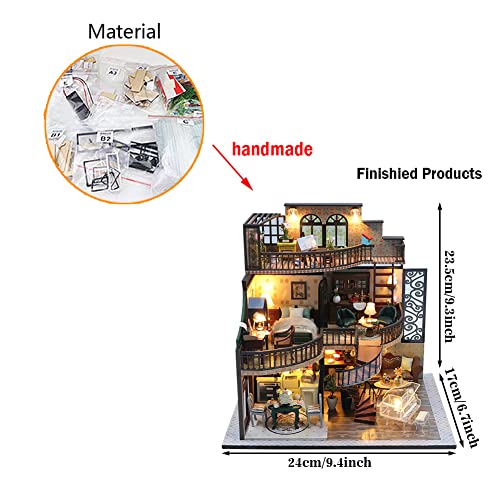 SYCW DIY Dollhouse Miniature Wooden Furniture Kit with Dust Cover and Music Box, Doll House Kit with LED Light, Mini Handmade Wooden Dollhouse Toys, SYCW