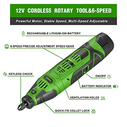 PHALANX 12V Cordless Rotary Tool Kit with Keyless Chuck, 6-Speeds 5000-32000RPM, 119 Accessories with Flex Shaft, Idea for Cutting, Grinding, Wood - WoodArtSupply