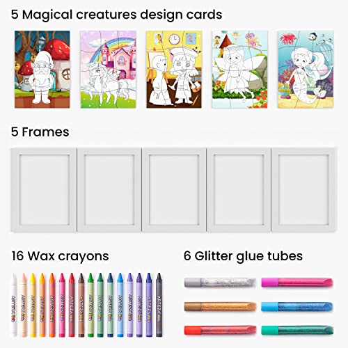 Arteza Kids Coloring Puzzle Kit, 16 Crayons, 5 Magical Creatures Puzzles, 6 Tubes of Glitter Glue, 5 Frames, Craft and Art Supplies for Toddlers, - WoodArtSupply