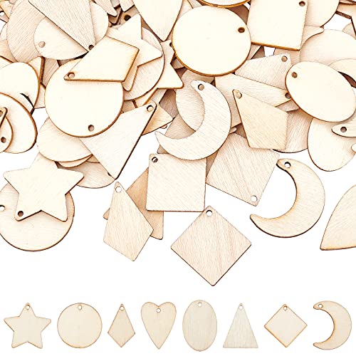 PH PandaHall 160pcs 8 Styles Undyed Wood Pendants Small Natural Star Moon Shapes for Earring Necklace Jewelry DIY Craft Making Tree Ornaments Hanging