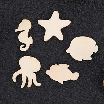 Amosfun 100pcs Unfinished Wood Cutouts Sea Animal Star Fish Shaped Wood Pieces for Kids DIY Art Craft Home Decoration (Random Pattern)