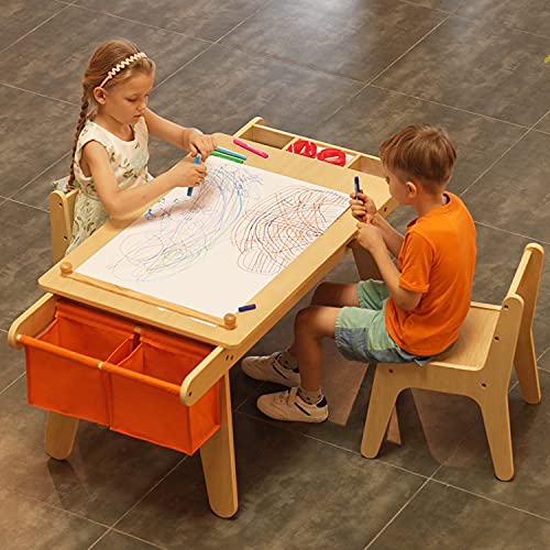 MEEDEN Kids Table and Chair Set, Kids Art Table with 2 Stools, Storage Bag & Paper Roll, Kids Desk & Chair Set, Craft Table and Chairs for Toddlers, MEEDEN
