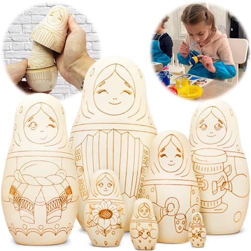 AEVVV Paint Your Own Matryoshka Doll Set 7 pcs - Blank Nesting Dolls for Coloring - Unpainted Russian Nesting Dolls - Unfinished Wood Crafts DIY AEVVV
