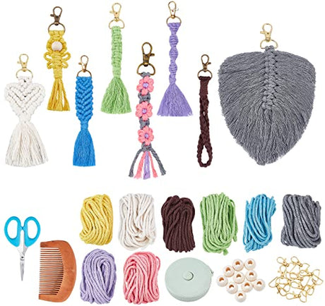 INFUNLY 8 Set Macrame Keychain DIY Kits Mini Boho Keychains Bag Charms Macrame Keychain Bracelet with Tassels for Car Key Purse Phone Instruction INFUNLY