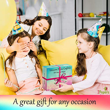 2Pepers Make Your Own Unicorn Pillow Kit Arts and Crafts for Girls (No Sewing Needed), DIY Stuffed Plush Pillow Craft kit for Kids, Unicorn Gifts for 2Pepers