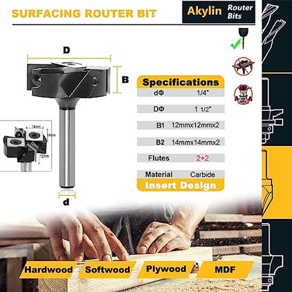 Akylin Spoilboard Surfacing Router Bits 1/4" Shank,1-1/2" Cutting Dia. 2+2 Indexable Insert Knife Design,Planer Bits,for Wood Slab - WoodArtSupply