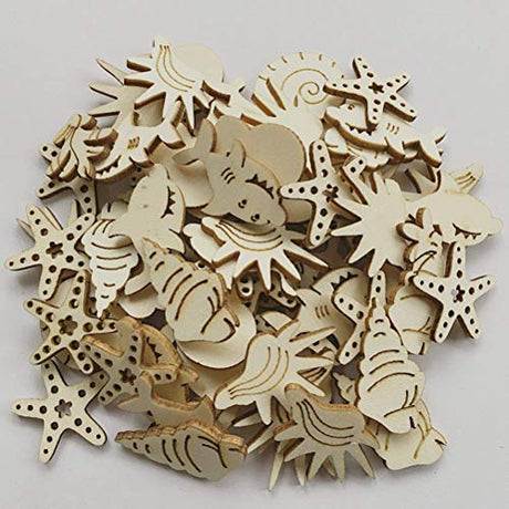 Amosfun 100pcs Natural Unfinished Wood Shell Starfish Shark Conch Shape Wooden Plaque Embellishments for DIY Craft Christmas Party Hanging Tags Amosfun