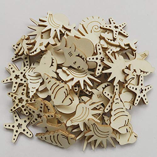 Amosfun 100pcs Natural Unfinished Wood Shell Starfish Shark Conch Shape Wooden Plaque Embellishments for DIY Craft Christmas Party Hanging Tags - WoodArtSupply