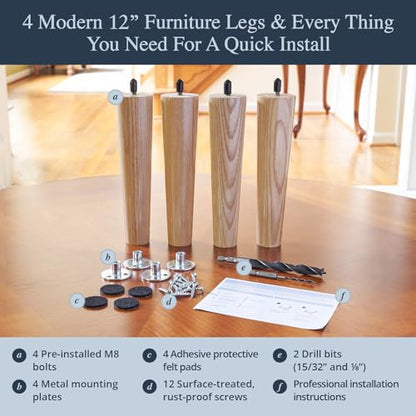 Ash Wood Furniture Legs - Premium Mid Century Legs for Sofa, Chair, Table, Dresser, Bed, Cabinet, Ottoman - Our Wooden Legs Are Easy To Install &