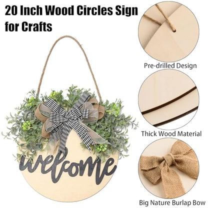 6 Pcs 20 Inch Wood Circles for Crafts Unfinished Round Wood Discs Blank Wood Rounds Slices Round Wooden Door Hanger Signs with Bows, Twine and Glue