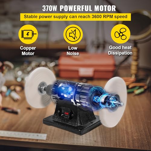 VEVOR Bench Buffer Polisher, 8 inch Buffing Machine 370W Motor with 3600 RPM, Heavy Duty Benchtop Lathe Polishing Machine for Jewelry, Wood, Silver, VEVOR