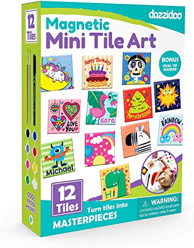 Magnetic Mini Tile Art - DIY Craft Kit; Design and Paint Magnet Tiles - Kids Paint Arts & Crafts Project; Includes 12 Tile Magnets, 8 Paint Colors, 2 - WoodArtSupply