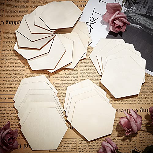 45 Pieces 3.5 x 3 Inch Unfinished Hexagon Wood Pieces Blank Wood Hexagon Shape Slices Wooden Tile Slabs Cutouts for DIY Crafts Painting Staining Jetec