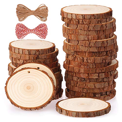 Fuyit Natural Wood Slices 30 Pcs 2.4-2.8 Inches Craft Wood Kit Unfinished Predrilled with Hole Wooden Circles Tree Slices for Arts and Crafts
