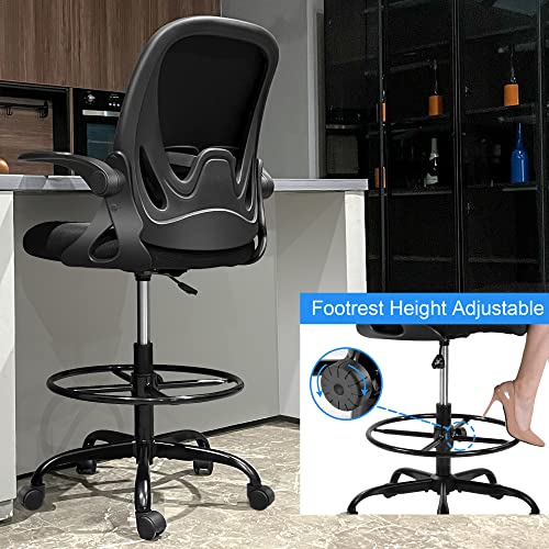 Primy Drafting Chair Tall Office Chair with Flip-up Armrests Executive Ergonomic Computer Standing Desk Chair with Lumbar Support and Adjustable - WoodArtSupply