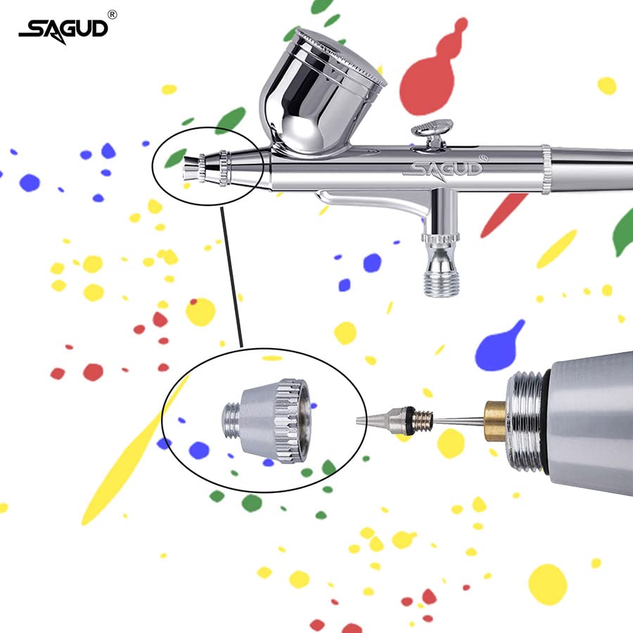 SAGUD Airbrush Kit 0.3mm Dual-Action Air Brush Gun with 20cc and 40 cc Plastic Fluid Cups - Extra 0.2mm & 0.5mm Nozzles Needle Air Caps and Quick SAGUD