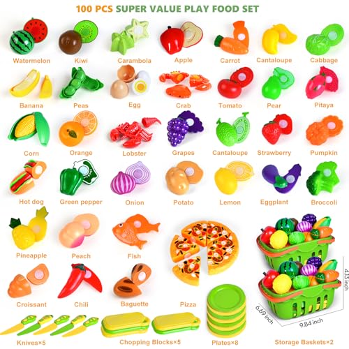 100 PCS Cutting Play Food Toy for Kids Kitchen, Pretend Food Kitchen Toys Accessories with 2 Baskets, Fake Food/Fruit/Vegetable, Christmas Birthday