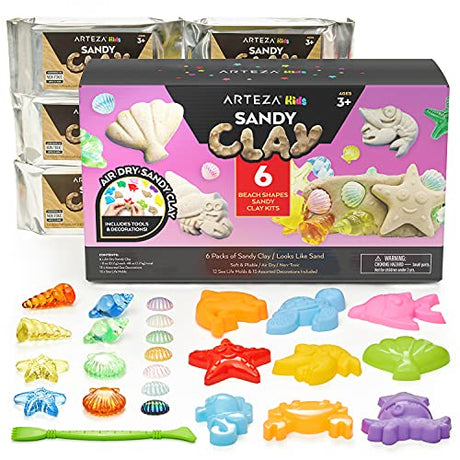 Arteza Kids Air-Dry Modeling Clay Kit, 6 x 8-oz Packs, 12 Sandy Clay Molds and 15 Assorted Sea-Life Beach Decorations, Soft, Pliable, Supplies Arteza Kids