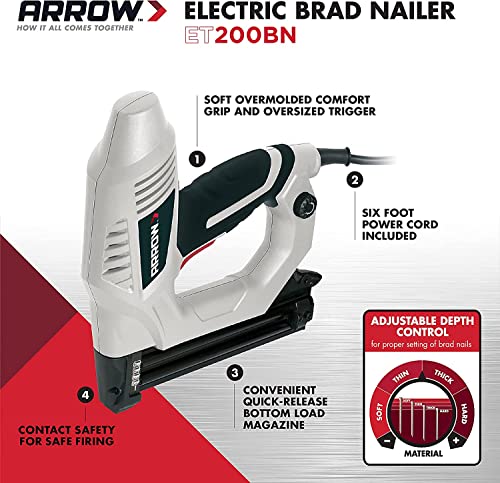 Arrow ET200BN Heavy Duty Electric Brad Nailer, Professional Nail Gun for Trim, Picture Frames, Crafts, Fencing, Uses Brad Nails in 5/8-Inch,