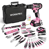 WORKPRO 20V Pink Cordless Drill Driver and Home Tool Set, 141PCS Hand Tool Kit for DIY, Home Maintenance, 2.0 Ah Li-ion Battery, 1 Hour Fast Charger, WORKPRO