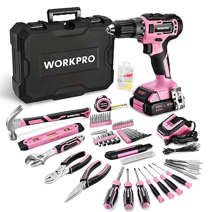 WORKPRO 20V Pink Cordless Drill Driver and Home Tool Set, 141PCS Hand Tool Kit for DIY, Home Maintenance, 2.0 Ah Li-ion Battery, 1 Hour Fast Charger,