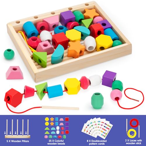 TooyBing Montessori Wooden Lacing Beads Toys for 2 3 4 Year Old Toddler Kids, Sequencing & Stacking Block Toy with Storage Box, STEM Preschool TooyBing