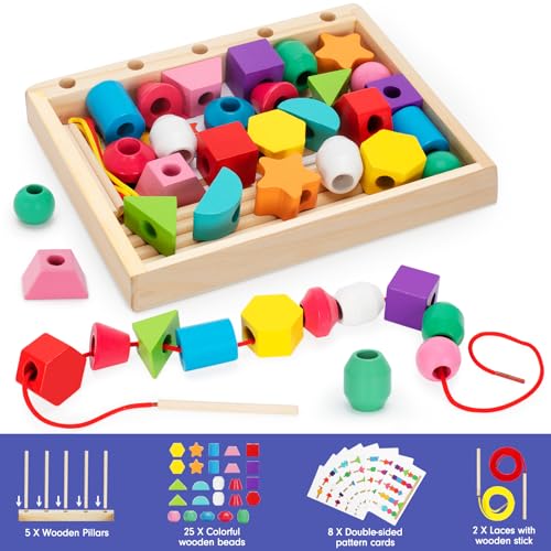 TooyBing Montessori Wooden Lacing Beads Toys for 2 3 4 Year Old Toddler Kids, Sequencing & Stacking Block Toy with Storage Box, STEM Preschool