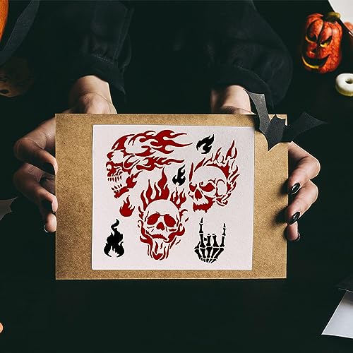 ORIGACH 6x6 inch Metal Skull Stencil Fire Skull Pyrography Stencils Template for Halloween Wood Carving, Drawings and Woodburning, Engraving and ORIGACH