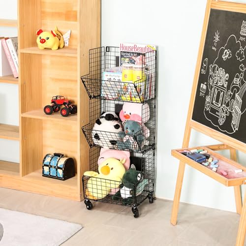 3 Tier Rolling Wire Toy Organizer Basket - with Wheel, S-Hooks, Adjustable Chalkboards - Toy Storage Cart Wall Bookshelf for Kids Room, Playroom,