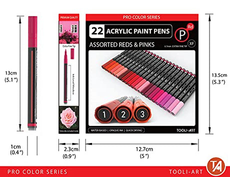 Acrylic Paint Pens 22 Red & Pink Tones Assorted Pro Color Series Markers Set 0.7mm Extra Fine Tip for Rock Painting, Glass, Mugs, Wood, Metal, TOOLI-ART