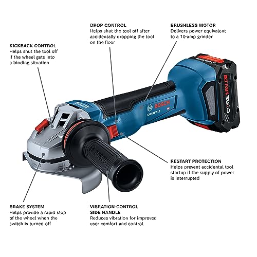 BOSCH GWS18V-10B14 18V Brushless 4-1/2 – 5 In. Angle Grinder Kit with (1) CORE18V® 8 Ah High Power Battery - WoodArtSupply