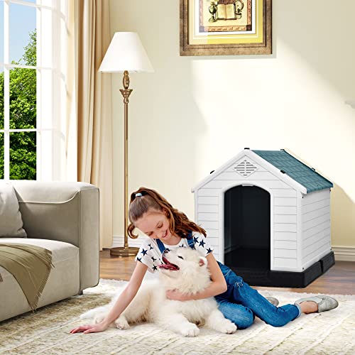 DWVO Large Outdoor Dog House, Plastic Doghouse with Air Vents and Ground Nails, Insulated Water Resistant Puppy Shelter for Small Medium Dogs - WoodArtSupply