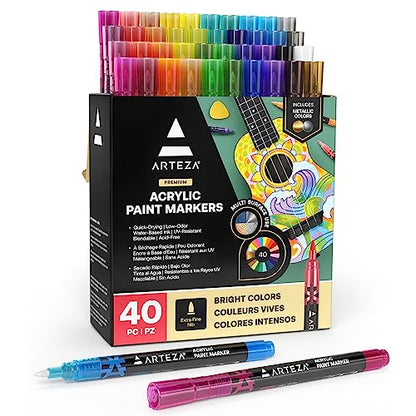 Arteza Acrylic Paint Markers, Set of 40 Acrylic Paint Pens in Assorted Colors, Art & Craft Supplies for Glass, Pottery, Ceramic, Rock, Canvas