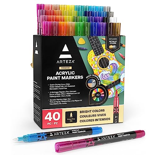 Arteza Acrylic Paint Markers, Set of 40 Acrylic Paint Pens in Assorted Colors, Art & Craft Supplies for Glass, Pottery, Ceramic, Rock, Canvas - WoodArtSupply