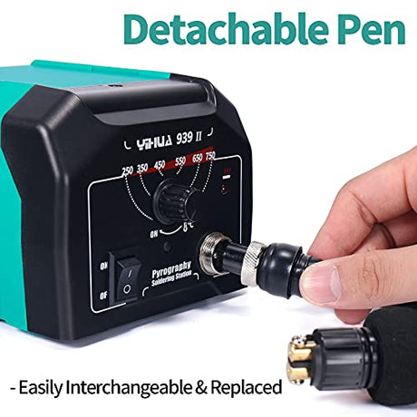 YIHUA 939-II Wood Burning Kit Station Pyrography Pen 250~750℃/482~1382℉ Temperature Adjustable with 20 Wire Nibs, 1 Stable Pen Holder, 2 Stencils, 2 YIHUA