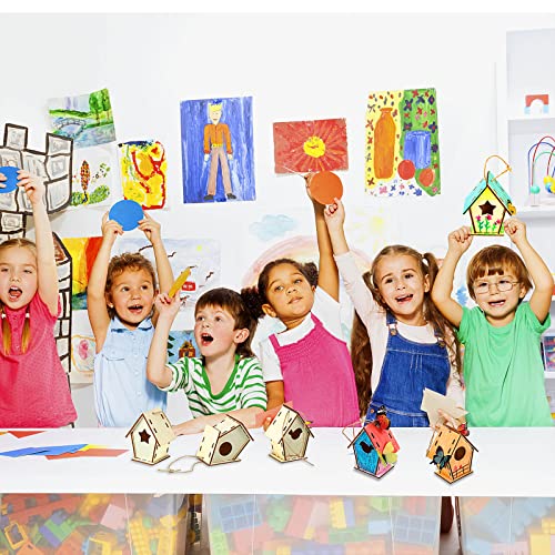Wooden Birdhouse Craft Kits for Kids to Build, 4 Shapes Wooden Unfinished Bird House with Watercolor Pen and Butterfly Sticker for Boy Girl Children Outus