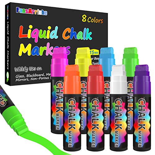 FansArriche Window Markers - 15mm Jumbo - 8 Pack of Neon Chalk Pens - Liquid Chalk Bright Car Markers, Chalkboard Markers for Windows, Blackboard, FansArriche