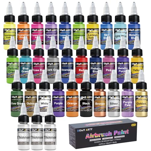 Airbrush Paint - 30 Colors with 3 Thinner, Ready to Spray Airbrush Paint Set, Water-Based Acrylic Air brush Paints for Metal, Plastic Models, Canvas, HOMY ARTY