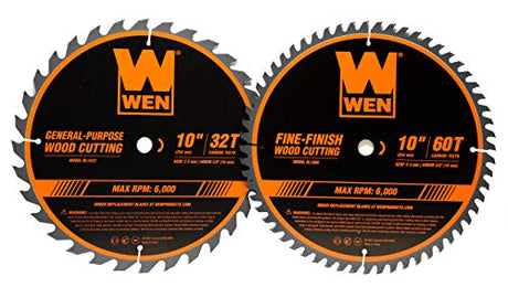 WEN BL1032-2 10-Inch 32-Tooth and 60-Tooth Carbide-Tipped Professional Woodworking Saw Blade Set, Two Pack WEN